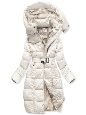 Ecru zimowa damska kurtka pikowana z paskiem 