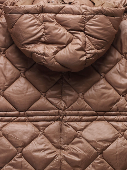 Brązowa oversizowa zimowa damska pikowana w karo kurtka z kapturem