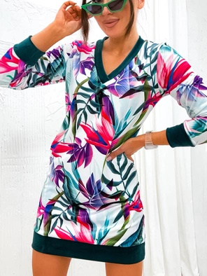 Kolorowa sukienka w serek z motywem tropikalnym 