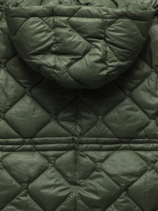 Khaki oversizowa zimowa damska pikowana w karo kurtka z kapturem