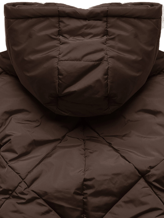 Brązowa długa ocieplana pikowana kurtka płaszczyk z kołnierzem