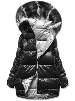 Srebrno czarna dwustronna zimowa czadowa kurtka
