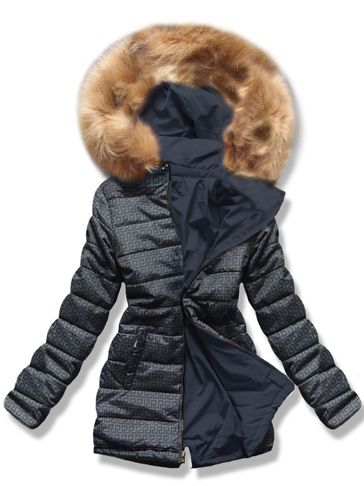 Granatowo grafitowa dwustronna damska kurtka pikowana z kapturem