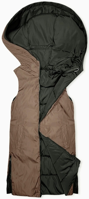 Zielono beżowy długi dwustronny damski bezrękawnik kamizelka z kapturem