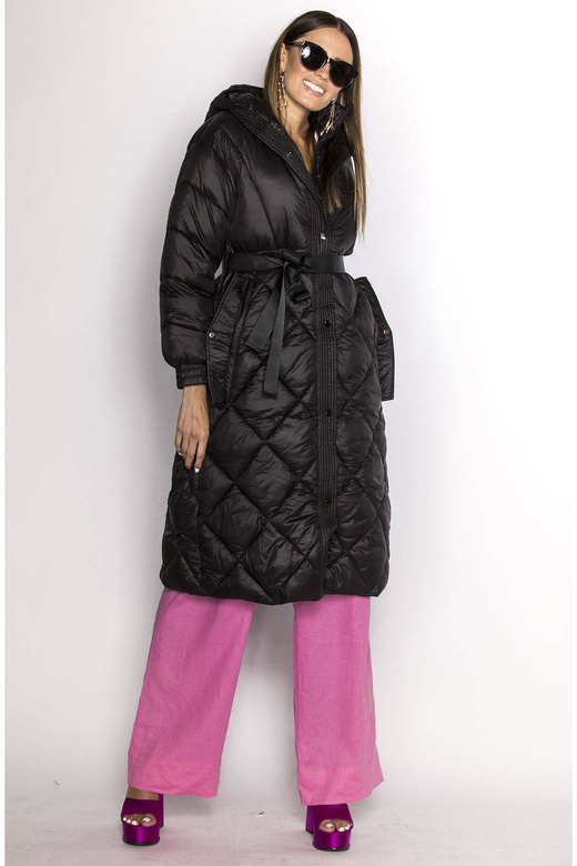 Czarna długa pikowana puchowa kurtka płaszczyk z kapturem