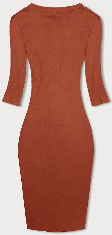 Pomarańczowa, klasyczna wyszczuplająca, prążkowana sukienka, basic elegance z rękawem 3/4