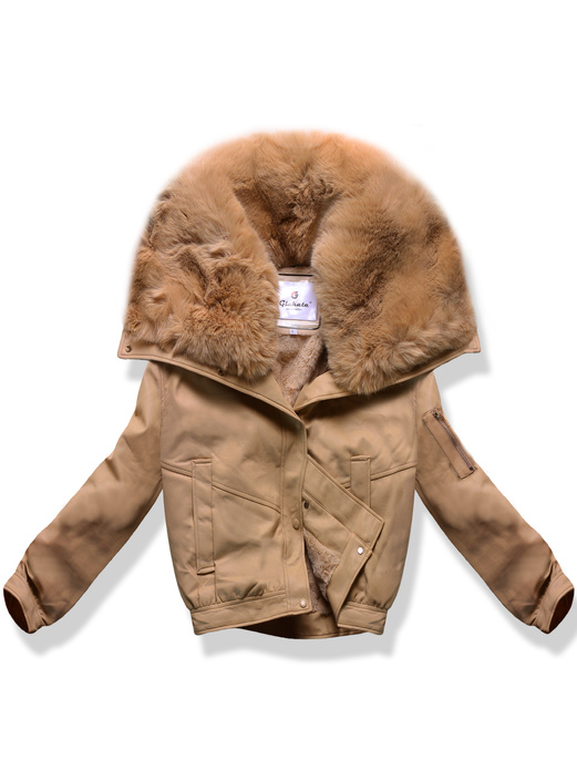 Karmelowa skórzana damska krótka kurtka na beżowym futerku 