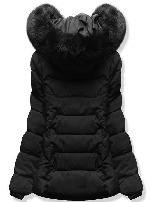 Czarna damska taliowana zimowa damska kurtka z kapturem