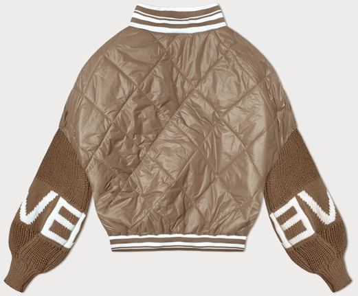 Karmelowa kurtka damska bomberka ze swetrowymi rękawami fashion