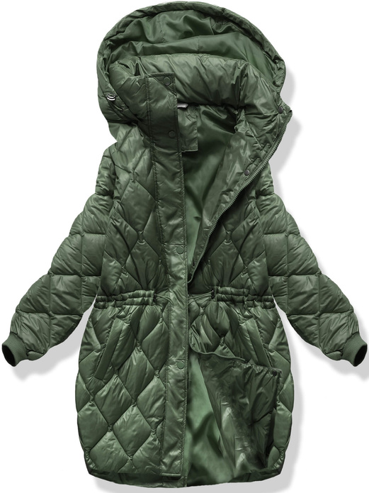 Khaki oversizowa zimowa damska pikowana w karo kurtka z kapturem