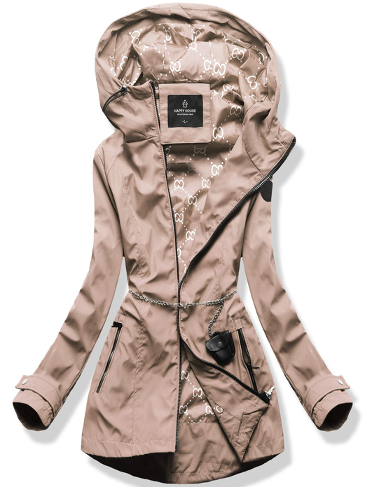 Beżowa damska przejściowa kurtka z kapturem łańcuszek netmoda