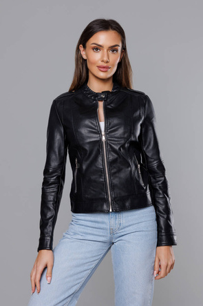 Czarna kurtka ekoskóra ze stójką ramoneska gładka zapinana na suwak