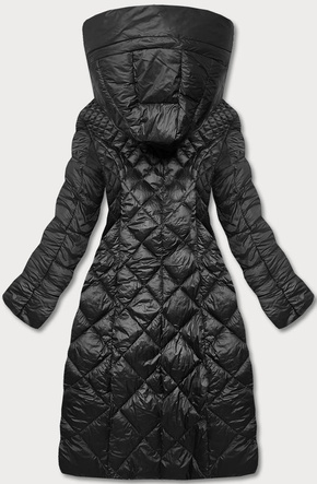 Czarna długa pikowana damska kurtka płaszcz z kapturem