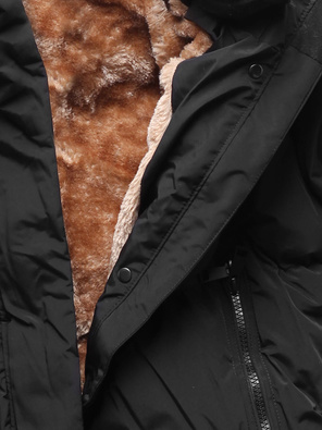 Czarny długi płaszczyk kurtka zimowa - na ciepłym misiu z kapturem