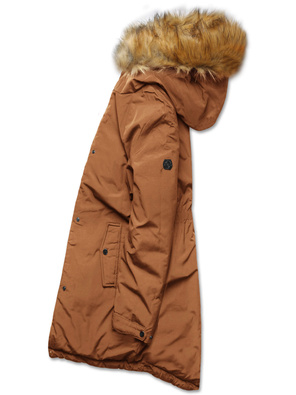 Karmel granat długa dwustronna ciepła kurtka parka z kapturem z odpinanym futerkiem