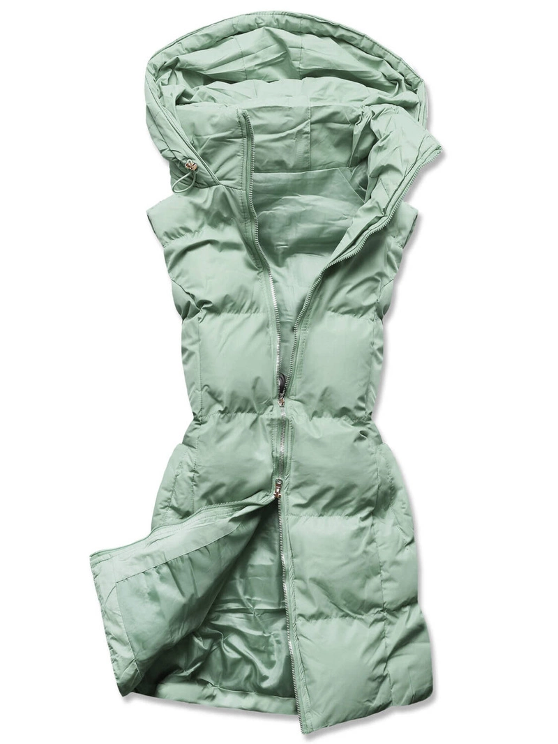 Pistacjowy bezrękawnik z kapturem puchowy
