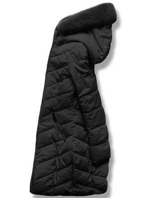 Czarna długa wyszczuplająca pikowana kurtka w jodełkę z kapturem