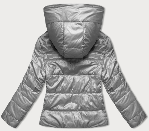 Srebrna błyszcząca przejściowa pikowana kurtka z kapturem zapinana na suwak