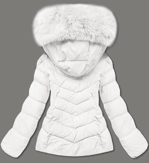 Biała zimowa puchowa pikowana kurtka z futerkiem