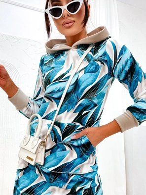 Turkusowa genialna welurowa sukienka z motywem tropikalnym 