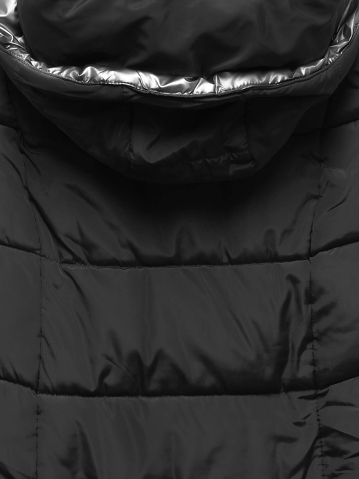Czarna długa pikowana zimowa kurtka płaszczyk z kapturem srebrna wstawka