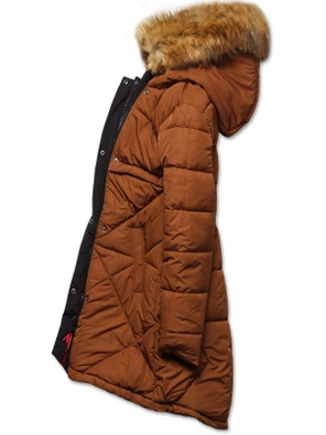 Karmelowa czarna zimowa dwustronna pikowana kurtka płaszczyk parka