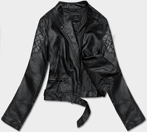 Czarna kurtka ekoskóra ramoneska z paskiem zapinana na skos