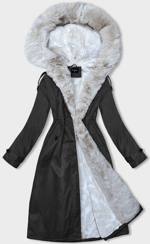 Czarno beżowa fenomenalna zimowa parka płaszcz na futrze