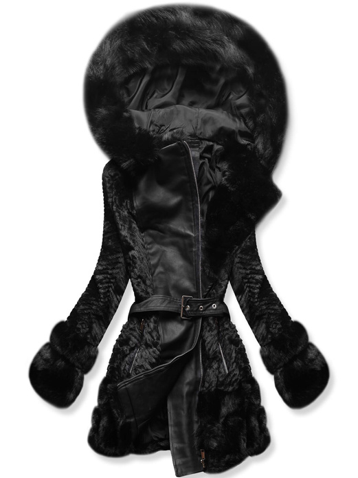 Czarna damska zimowa kurtka wstawki z elementami z ekoskóry