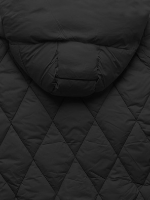 Czarna długa pikowana w karo ciepła zimowa kurtka damska z kapturem