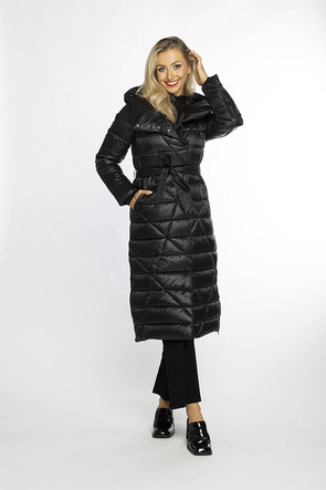 Czarny cudowny długi płaszcz kurtka pikowana z kapturem