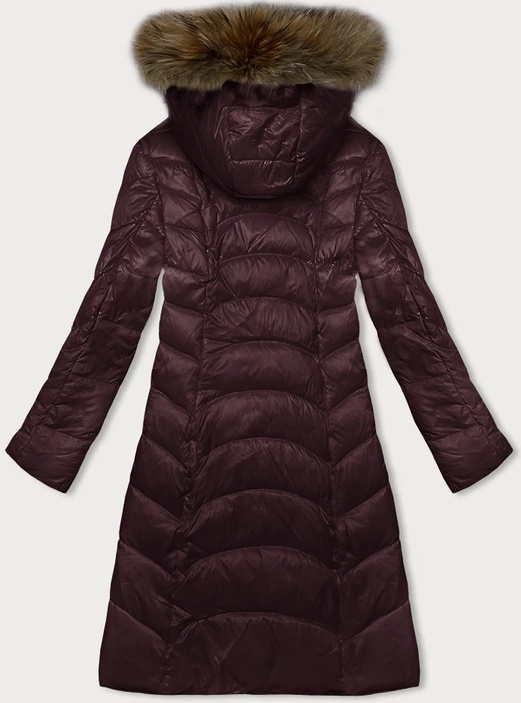 Bordowa długa kurtka pikowana płaszcz z kapturem