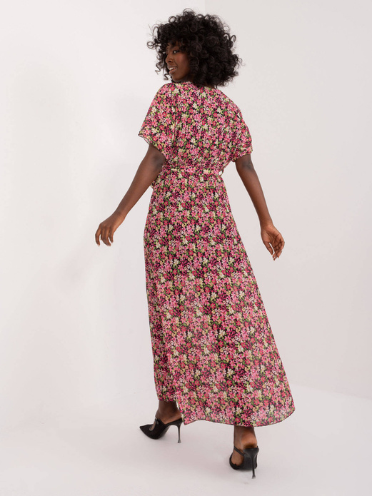 Czarno różowa długa zwiewna sukienka w kwiaty