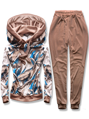 Cappuccino niebieski welurowy damski dres komplet z motywem tropikalnym