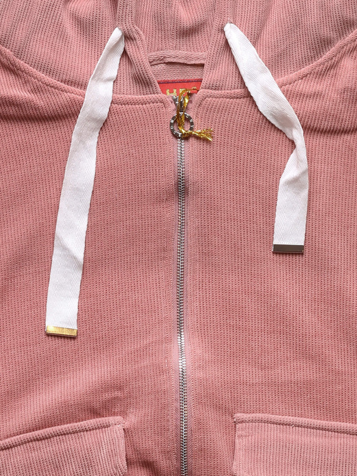 Różowy prążkowany dres komplet z kapturem