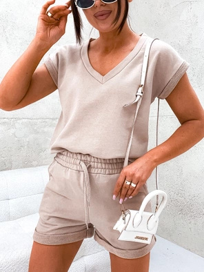 Beżowy fenomenalny bawełniany letni komplet bluzka i spodenki