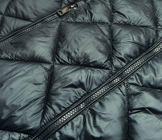 Zielona długa pikowana damska kurtka płaszcz z kapturem