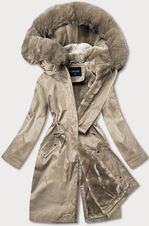 Beżowy zimowy ocieplany płaszczyk z kapturem