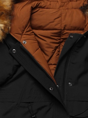 Karmelowa czarna zimowa dwustronna pikowana kurtka płaszczyk parka