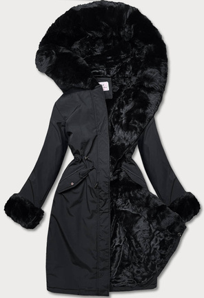 Czarny zimowy płaszcz na futerku