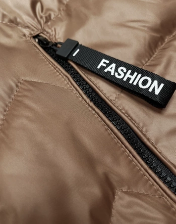 Karmelowy świetny damski bezrękawnik kamizelka z odpinanym kapturem PLUS SIZE