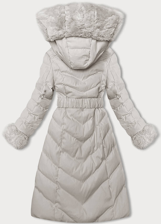 Beżowy długi zimowy płaszczyk z kapturem i paskiem