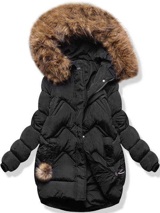 Czarna cudowna pikowana damska kurtka zimowa futro