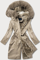 Beżowy zimowy ocieplany płaszczyk z kapturem