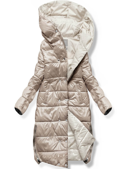 Beżowo brązowa dwustronna zimowa damska kurtka z kapturem i paskiem