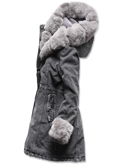 Czarno szara jeansowa zimowa kurtka płaszczyk futro