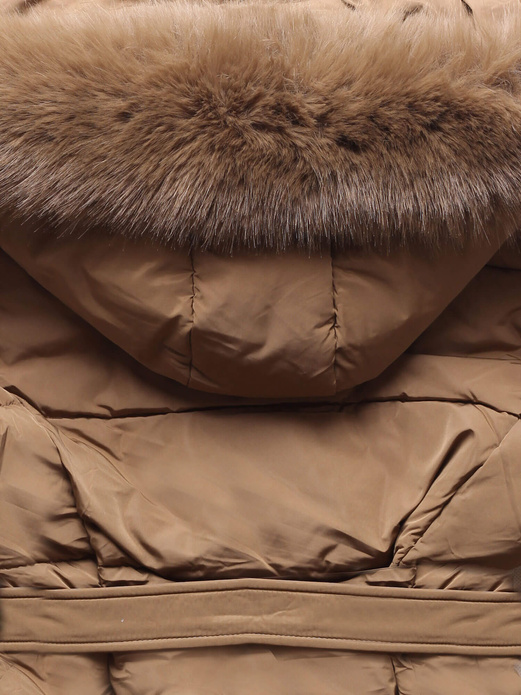 Brązowa zimowa damska kurtka z paskiem i kapturem