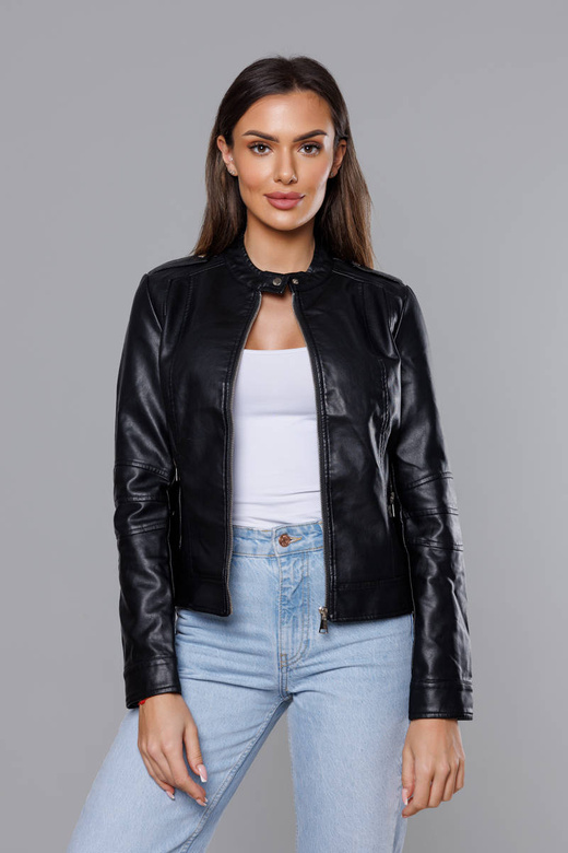 Czarna kurtka ekoskóra ze stójką ramoneska gładka zapinana na suwak