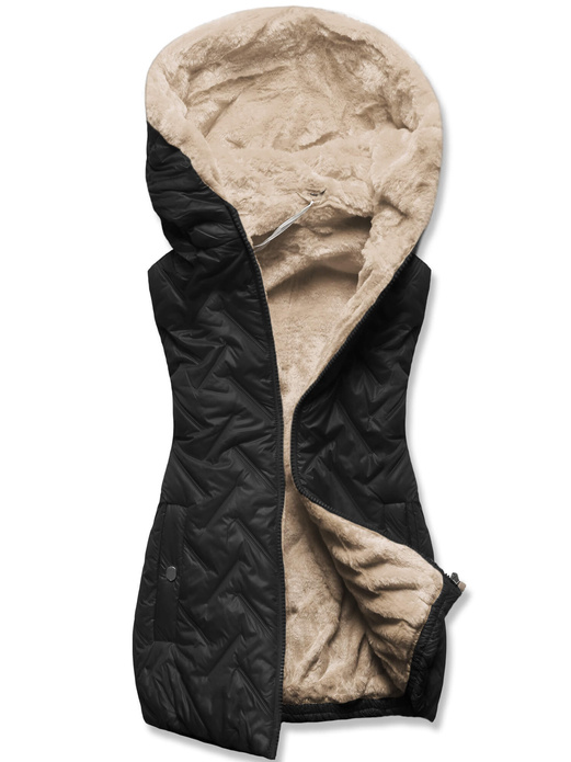 Czarnobeżowy damski unikalnie pikowany bezrękawnik na futerku