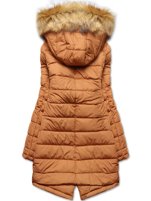 Czarna-Karmelowa długa dwustronna ciepła kurtka parka z kapturem z odpinanym futerkiem